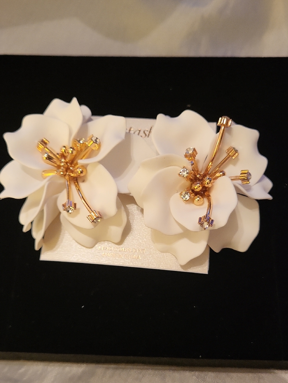 Natasha White Floral Statement Earrings with Gem And Gold Accents Ta